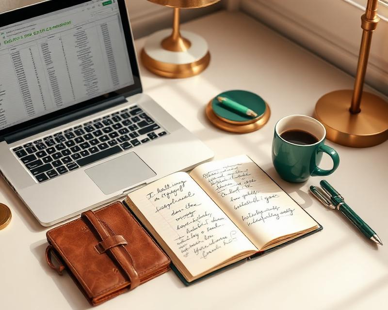 Small business owner's desk with laptop and ledger notebook